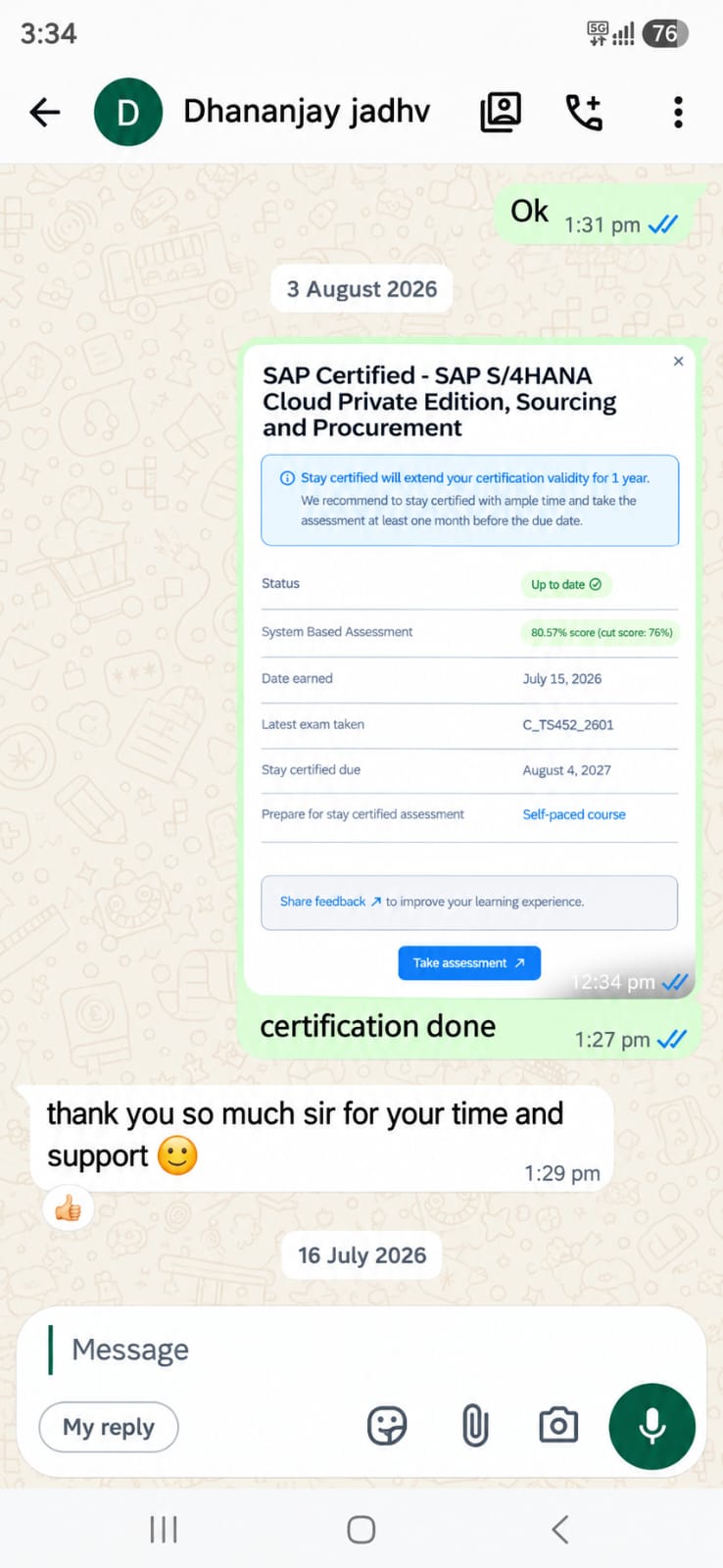 Certification testimonial record 6
