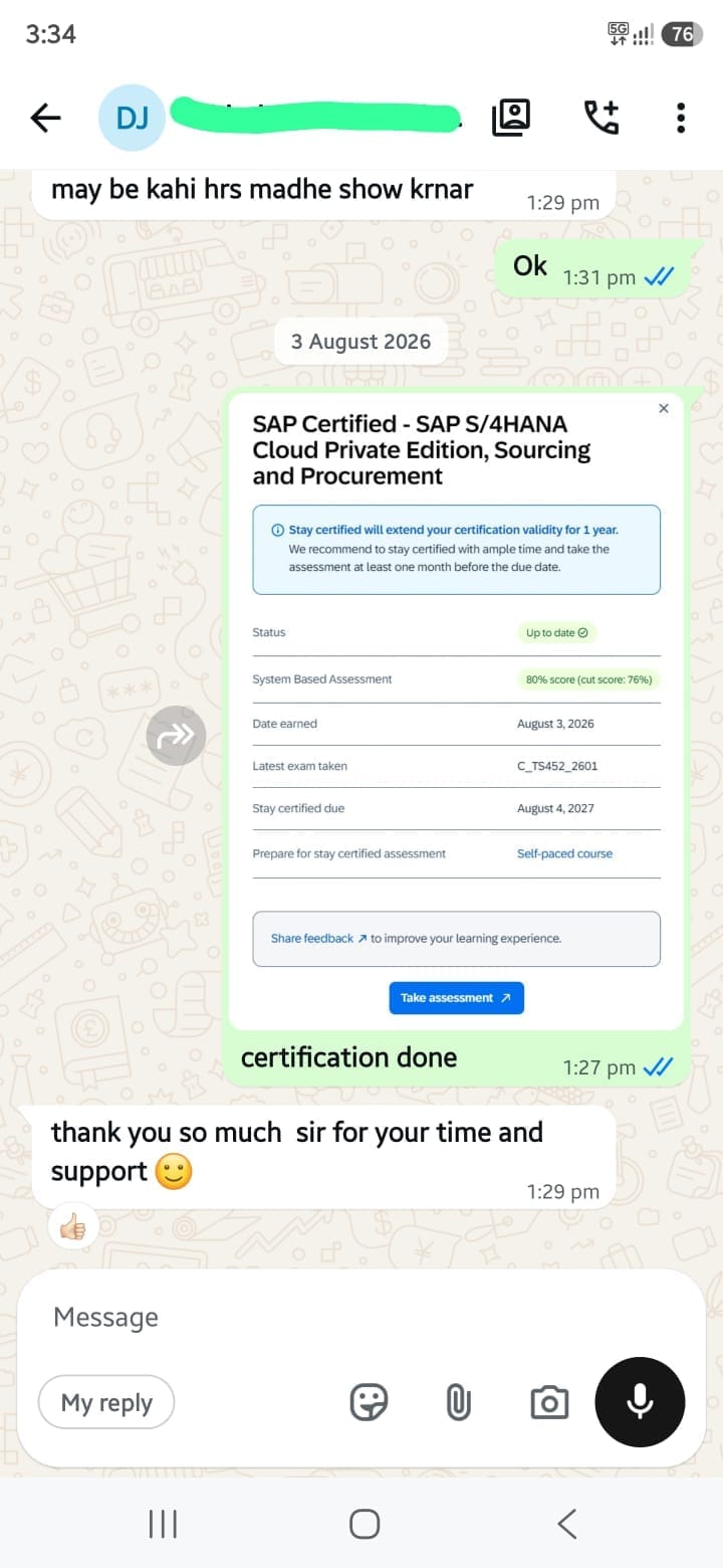 Recent certification testimonial 1